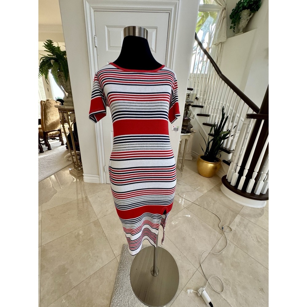 No Comment Dress Womens Red White &‎ Blue Striped Short Sleeve July 4th Sz. L - Picture 2 of 10